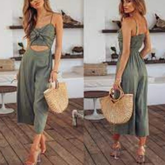 Hello Molly Pants - Hello Molly Ducking and Diving Green Linen Blend Crop Jumpsuit sz S US 4